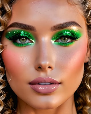 (Best quality, 8k, 32k, Masterpiece, UHD:1.2), close up of a gorgeous woman, posing for a picture, wearing a sequin dress, medium breast, and attractive features, looking at viewer, green eyes, 3gradient layers of eyeshadows, long traced eyeliner, blush, long eye leashes, perfect make up, eyes contact, focus, depth of field, film grain, ray tracing, ((contrast lipstick)), detailed natural real skin texture, perfect curly dark blonde hair, visible skin pores, anatomically correct,(PnMakeEnh)
