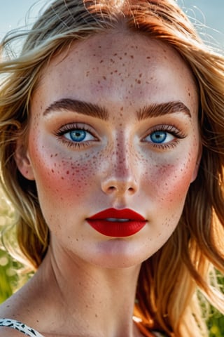 (Best quality, 8k, 32k, Masterpiece, UHD:1.2), wide Open shot of a Gorgeous woman with freckles on her face, modeling at a grass field, detailed face with red lips, beauty retouch, long eyeliner, perfect face details, summer dress, gradient blush, richly defined face, gradient golden eye shadows, and false lashes, detailed eyebrows, professional retouch, eyes and lips, features, thick red lips, hint of freckles, detailed natural real skin texture, perfect straigth blonde hair, realistic blue eyes, visible skin pores, anatomicaly correct, (PnMakeEnh)
