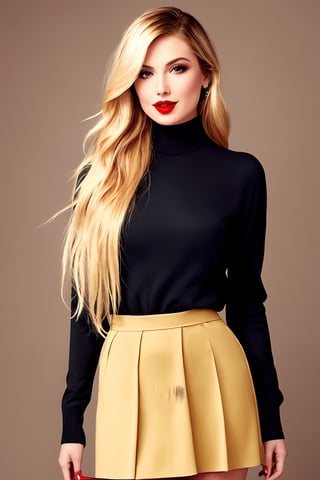 A hyper-realistic photograph captures a woman with a sleek black turtle-neck sweater, her medium yellow-blond hair styled in an elegant bob, framing her porcelain doll-like features. Her bright red lips are painted into a subtle smile, as she gazes directly at the camera. Against a warm, beige-toned background, she stands out like a ray of sunshine, dressed to the nines in 1940s attire, complete with a fitted skirt and high heels, evoking a sense of classic Hollywood glamour.,mj