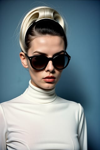 close up Photography, in front of black wall, a punk 80's British model woman with 50's platinum haircut, in a white turtleneck dress and oversized sunglasses, frontal view, Retro Futuristic Style, Salvador Dali Utopia ,DreamOn,,<lora:659111690174031528:1.0>