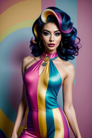 a person standing in front of a rainbow wall wearing rainbow clothes, pride month,lgbt art, lgbt flag, pride flag in background, vogue full color editorial photo, fresh rainbow jumpsuit rainbow background, rainbow colors, rainbow stripe backdrop, colorful fashion, lgbtq, colorful dress, rainbow colored, pride parade, inspired by judy cassab, tehnicolor, inspired by pearl frush, inspired by victoria francés, sharp detailed eyes, inspired by pia fries, inspired by olivia de berardinis, fishnets, inspired by kim tschang yeul, inspired by carla wyzgala, gorgeous androgynous face, chin , pride parade background,(MakeMeUp),<lora:659111690174031528:1.0>