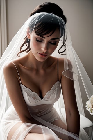  a semi naked woman in a wedding veil sitting on a chair, london, simple white veil, white transparent veil, lace veil, tulle and lace, wearing translucent veils, naked, wearing a veil, nostalgic, beautiful wedding veil, beautiful woman in an empty room, white veil, pov suze randall, boudoir photography , translucent light,Ptcard,<lora:659111690174031528:1.0>