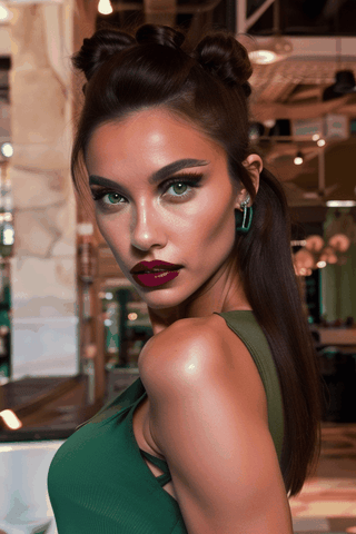  a pretty french woman with a fancy brunette bun hair, gorgeous long brunette straight hair, wearing a green dress, eyes, contrast lipstick, midshot , and attractive features,  eyes,  eyelid,  focus,  depth of field,  film grain,  ray tracing,  slim model,  anatomically correct, hair moving, (Hairdress),(PnMakeEnh)
