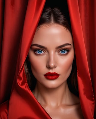 (Best quality, 8k, 32k, Masterpiece, UHD:1.2), woman with blue eyes is ((hiding behind a red curtain))(many curtains), fine art fashion photography, by William Berra, award winning fashion photo, best of behance, fashion color studio, ranking, artgem and Patrick DeMarchelierm Warwick Saint, lighting, (film still from movie Dune-2021), photograph by Albert Watson, cinematic lighting photography, and attractive features, eyes, eyelid, focus, depth of field, film grain, ray tracing, ((contrast lipstick)), slim model, detailed natural real skin texture, visible skin pores, anatomically correct,(PnMakeEnh),<lora:659095807385103906:1.0>