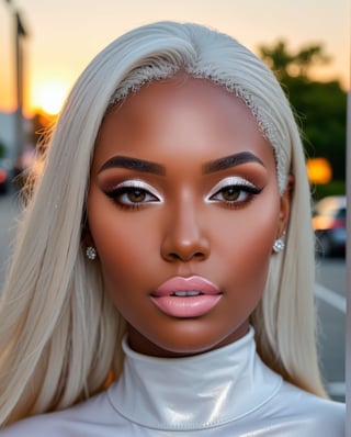 (Best quality, 8k, 32k, Masterpiece, UHD:1.2), potrait of a gorgeous afroamerican, posing for a fashion magazine white gloss lipstick, wearing a white turtleneck couture dress, , ((Fancy white make up, white eyeshadow, long fancy eyeliner,)) face glitter, (platinum dyed straight hair), and attractive features, looking at viewer, eyes, eyelid, leashes, eyes contact, focus, depth of field, film grain, serious, ray tracing, sunset, ((contrast lipstick)), detailed natural real skin texture, perfect straight platinum dyed hairstyle ,visible skin pores, anatomically correct,(PnMakeEnh),<lora:659095807385103906:1.0>