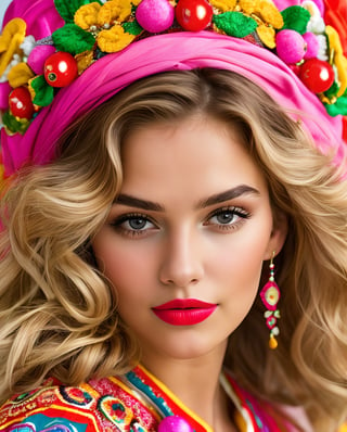 (Best quality, 8k, 32k, Masterpiece, UHD:1.2), A young blonde swedish woman wearing a colorful hair bandana and traditional Mexican dress. wearing colorful fruits as ornaments,  She has a serious expression on her face. The background is a light pink. eyes contact, focus, depth of field, film grain, ray tracing, ((contrast lipstick)), detailed natural real skin texture, perfect curly dark blonde hair, visible skin pores, anatomically correct,(PnMakeEnh)
