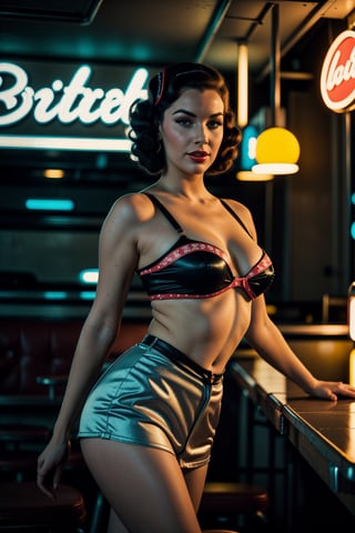 (Best quality, 8k, 32k, Masterpiece, UHD:1.2), close up photo shot analog style photography of a pin up waitress in roller skates in a retro diner, aesthetic, neon signs, 1960's, cinematic light, atmospheric, award winning photography, grain effect, by Gil Elvgren, PinUp,,<lora:659111690174031528:1.0>