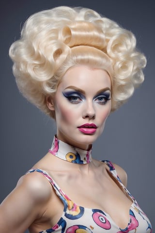 (Best quality, 8k, 32k, Masterpiece, UHD:1.2),  wide open image of a living vintage woman mannequin, wearing a tight long dress, blonde pompadour hairstyle, pointed breast, 60s kitsch and psychedelia, pale white plastic with make up, high heels, pin up mannequin,  animal print dress, absurdist wiggly blob in a dress, put on a mannequin, big hair, wig, DreamOn