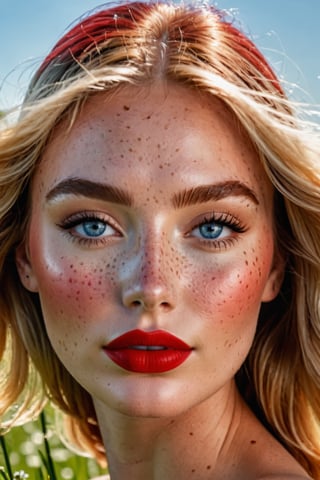 (Best quality, 8k, 32k, Masterpiece, UHD:1.2), medium shot of a Gorgeous woman with freckles on her face, modeling at a grass field, detailed face with red lips, beauty retouch, long eyeliner, perfect face details, summer dress, gradient blush, richly defined face, gradient golden eye shadows, and false lashes, detailed eyebrows, professional retouch, eyes and lips, features, thick red lips, hint of freckles, red lips, deep red lips, detailed natural real skin texture, perfect straigth blonde hair, realistic blue eyes, visible skin pores, anatomicaly correct, (PnMakeEnh)