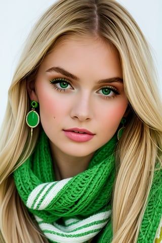 A pale young woman with long blonde hair and green make up, a green striped scarf, and playful kiwi earrings, looking directly at the camera, a portrait in the style of a 1960s fashion magazine, with bright colors, sharp focus, and a soft, natural light.