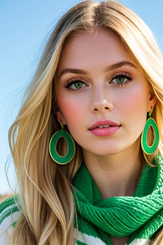 A pale young woman with long blonde hair and greenmake up, a green striped scarf, and playful kiwi earrings, looking directly at the camera, a portrait in the style of a 1960s fashion magazine, with bright colors, sharp focus, and a soft, natural light.