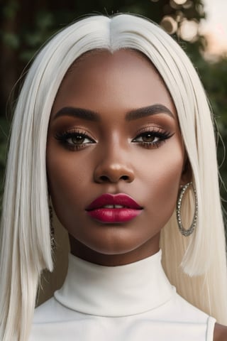 (Best quality, 8k, 32k, Masterpiece, UHD:1.2),  potrait of a gorgeous afroamerican, posing for a fashion magazine white gloss lipstick, wearing a  white turtleneck couture dress, , ((Fancy white make up, white eyeshadow, long  fancy eyeliner,))  face glitter, (platinum dyed straight hair), and attractive features, looking at viewer,  eyes, eyelid, leashes, eyes contact,  focus, depth of field, film grain, serious, ray tracing, sunset, ((contrast lipstick)), detailed natural real skin texture, perfect straight platinum dyed hairstyle ,visible skin pores, anatomically correct,(PnMakeEnh)