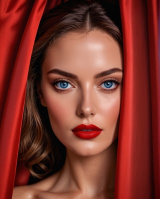 (Best quality, 8k, 32k, Masterpiece, UHD:1.2), woman with blue eyes is ((hiding behind a red curtain))(many curtains), fine art fashion photography, by William Berra, award winning fashion photo, best of behance, fashion color studio, ranking, artgem and Patrick DeMarchelierm Warwick Saint, lighting, (film still from movie Dune-2021), photograph by Albert Watson, cinematic lighting photography, and attractive features, eyes, eyelid, focus, depth of field, film grain, ray tracing, ((contrast lipstick)), slim model, detailed natural real skin texture, visible skin pores, anatomically correct,(PnMakeEnh),<lora:659095807385103906:1.0>