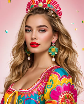 (Best quality, 8k, 32k, Masterpiece, UHD:1.2), A young blonde swedish woman wearing a colorful ornaments at hair and a traditional Mexican dress. wearing colorful fruits as ornaments,   The background is a light pink. eyes contact, focus, depth of field, film grain, ray tracing, ((contrast lipstick)), detailed natural real skin texture, perfect curly dark blonde hair, visible skin pores, anatomically correct,(PnMakeEnh)
