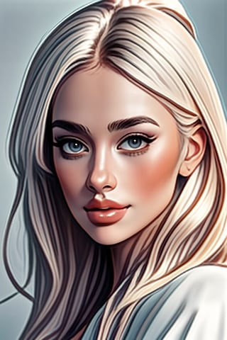 A serene blonde-haired woman sits elegantly against a soft, gradient blue background, her piercing gaze and gentle smile captivating in this stunning digital portrait. Brushstrokes reminiscent of Bowater's style sweep across the canvas, capturing every delicate detail from the wisps of hair framing her face to the subtle curves of her neck. The artistry is so realistic it appears as though she might step out of the frame at any moment. Ptcard,,<lora:659111690174031528:1.0>