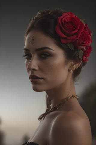 Midnight in a lunar-lit cemetery, a stunning woman stands amidst the shadows. Wearing a striking red dress and adorned with black roses on her head, she exudes Dia de los Muertos elegance. Her makeup is bold and vibrant, with a focus on defined eyes and eyelids that seem to sparkle under the moon's gentle glow. The camera captures her alluring features in a shallow depth of field, with a subtle film grain adding texture to the scene. Her skin is a masterpiece of detailed realism, complete with visible pores and anatomically correct anatomy. As she gazes aside, her slender figure and Catrina-inspired beauty are set against a hauntingly beautiful backdrop of moonlit tombstones.