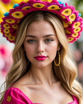 (Best quality, 8k, 32k, Masterpiece, UHD:1.2), A young blonde swedish woman wearing a colorful hair bandana and traditional Mexican dress. wearing colorful fruits as ornaments,  She has a serious expression on her face. The background is a light pink. eyes contact, focus, depth of field, film grain, ray tracing, ((contrast lipstick)), detailed natural real skin texture, perfect curly dark blonde hair, visible skin pores, anatomically correct,(PnMakeEnh)
,<lora:659111690174031528:1.0>