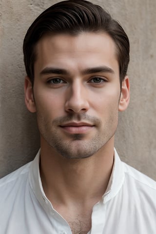 Masterpiece: 8K Portrait of a Handsome Latin Gentleman. A stunning, well-groomed individual wearing a crisp white shirt, his smooth-shaved face radiating confidence. Leaning against a worn stone wall, he exudes relaxation, gazing directly at the viewer with a subtle, enigmatic smile. The faint crinkles around his eyes hint at a life of warmth and joy. The camera's focus is sharp, highlighting the natural texture of his skin, complete with visible pores, while the fabric of his shirt renders with exquisite detail. The overall atmosphere is one of laid-back sophistication, captured in stunning UHD:1.2 resolution with film grain and ray tracing, inviting the viewer to step into the scene.