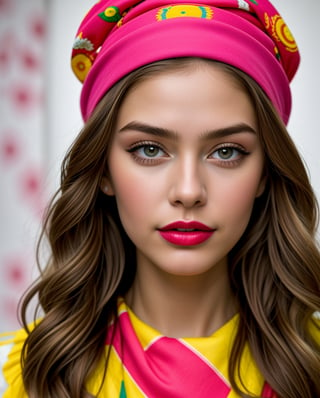 (Best quality, 8k, 32k, Masterpiece, UHD:1.2), A young blonde swedish woman wearing a colorful hair bandana and traditional Mexican dress. wearing colorful fruits as ornaments,  She has a serious expression on her face. The background is a light pink. eyes contact, focus, depth of field, film grain, ray tracing, ((contrast lipstick)), detailed natural real skin texture, perfect curly dark blonde hair, visible skin pores, anatomically correct,(PnMakeEnh)
,<lora:659111690174031528:1.0>