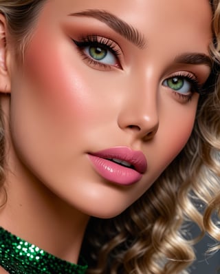 (Best quality, 8k, 32k, Masterpiece, UHD:1.2), close up of a gorgeous woman, posing for a picture, wearing a sequin dress, medium breast, and attractive features, looking at viewer, green eyes, 3gradient layers of eyeshadows, long traced eyeliner, blush, long eye leashes, perfect make up, eyes contact, focus, depth of field, film grain, ray tracing, ((contrast lipstick)), detailed natural real skin texture, perfect curly dark blonde hair, visible skin pores, anatomically correct,(PnMakeEnh)
,<lora:659095807385103906:1.0>