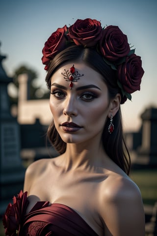 Midnight in a lunar-lit cemetery, a stunning woman stands amidst the shadows. Wearing a striking red dress and adorned with black roses on her head, she exudes Dia de los Muertos elegance. Her makeup is bold and vibrant, with a focus on defined eyes and eyelids that seem to sparkle under the moon's gentle glow. The camera captures her alluring features in a shallow depth of field, with a subtle film grain adding texture to the scene. Her skin is a masterpiece of detailed realism, complete with visible pores and anatomically correct anatomy. As she gazes aside, her slender figure and Catrina-inspired beauty are set against a hauntingly beautiful backdrop of moonlit tombstones.,<lora:659111690174031528:1.0>