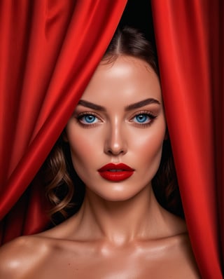 (Best quality, 8k, 32k, Masterpiece, UHD:1.2), woman with blue eyes is ((hiding behind a red curtain))(many curtains), fine art fashion photography, by William Berra, award winning fashion photo, best of behance, fashion color studio, ranking, artgem and Patrick DeMarchelierm Warwick Saint, lighting, (film still from movie Dune-2021), photograph by Albert Watson, cinematic lighting photography, and attractive features, eyes, eyelid, focus, depth of field, film grain, ray tracing, ((contrast lipstick)), slim model, detailed natural real skin texture, visible skin pores, anatomically correct,(PnMakeEnh),<lora:659095807385103906:1.0>