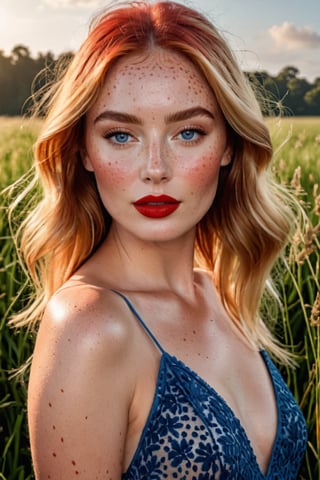 (Best quality, 8k, 32k, Masterpiece, UHD:1.2), wide Open shot of a Gorgeous woman with freckles on her face, modeling at a grass field, detailed face with red lips, beauty retouch, long eyeliner, perfect face details, summer dress, gradient blush, richly defined face, gradient golden eye shadows, and false lashes, detailed eyebrows, professional retouch, eyes and lips, features, thick red lips, hint of freckles, red lips, deep red lips, detailed natural real skin texture, perfect straigth blonde hair, realistic blue eyes, visible skin pores, anatomicaly correct, (PnMakeEnh)