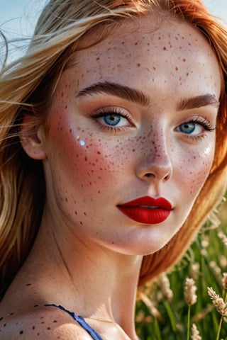 (Best quality, 8k, 32k, Masterpiece, UHD:1.2), wide Open shot of a Gorgeous woman with freckles on her face, modeling at a grass field, detailed face with red lips, beauty retouch, long eyeliner, perfect face details, summer dress, gradient blush, richly defined face, gradient golden eye shadows, and false lashes, detailed eyebrows, professional retouch, eyes and lips, features, thick red lips, hint of freckles, red lips, deep red lips, detailed natural real skin texture, perfect straigth blonde hair, realistic blue eyes, visible skin pores, anatomicaly correct, (PnMakeEnh)