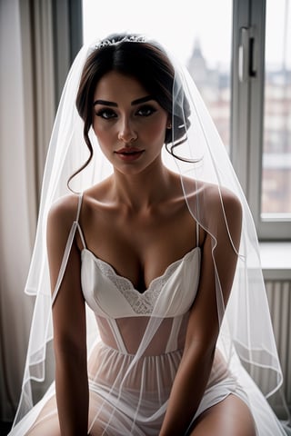  a semi naked woman in a wedding veil sitting on a chair, next to a window, London, simple white veil, white transparent veil, lace veil, tulle and lace, wearing translucent veils, naked, wearing a veil, nostalgic, beautiful wedding veil, beautiful woman in an empty room, white veil, pov suze randall, boudoir photography , translucent light,Ptcard,<lora:659111690174031528:1.0>