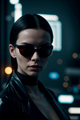 In a dimly lit, neon-lit cityscape at dusk, a stunning cyberpunk girl poses for a close-up shot. Wearing sleek, dark sunglasses, her gaze is enigmatic and alluring. The camera frames her beautiful face with a shallow depth of field, emphasizing the futuristic sheen on her skin and the delicate lines of her features. A blend of retro and modern styles, reminiscent of Beeple's digital artistry, merges with the cyberpunk aesthetic to create a captivating portrait. Her eyes gleam like polished chrome as she seems to beckon us into her world of high-tech dreams.,<lora:659111690174031528:1.0>