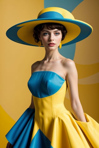 (Best quality, 8k, 32k, Masterpiece, UHD:1.2),   a woman in a yellow and blue dress and hat, fine art fashion photography, saturated colours,  fine art fashion magazine style, , primary colours, sci-fi fashion model, DreamOn,<lora:659111690174031528:1.0>