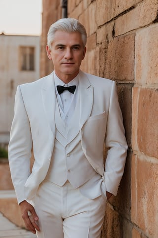 A suave figure, 50 years young with wispy white hair framing his distinguished features, stands tall ,The soft orange hue of evening's twilight casts a flattering glow on his chiseled face, while long shadows dance across his broad shoulders, accentuating the perfect cut of his elegant tuxedo.