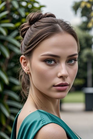  a pretty french woman with a fancy brunette bun hair, wearing a green dress, blue eyes, glossy lipstick, midshot picture, and attractive features,  eyes,  eyelid,  focus,  depth of field,  film grain,  ray tracing,  slim model,  anatomically correct, (Hairdress),<lora:659111690174031528:1.0>