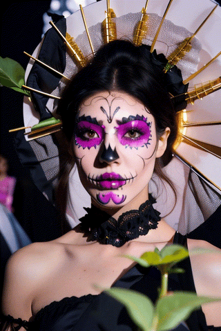 Woman looking at viewer,Woman in Catrina makeup, black, hair moving with wind, black gown, día de los muertos, sugar skull black and Dark red, HD, mid body video, gorgeous woman with sugar skull make-up,