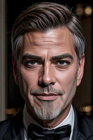 (Best quality, 8k, 32k, Masterpiece, UHD:1.2), 1guy, photo of a handsome mature Clooney wearing a fancy tuxedo, great looking, posing , happy, looking at viewer, faint smile, eyes contact, focus, depth of field, film grain, ray tracing, detailed natural real skin texture, visible skin pores, detailed fabric rendering, anatomically correct, (MkmCut),<lora:659111690174031528:1.0>