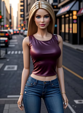 (Best quality, 8k, 32k, Masterpiece, UHD:1.2), barbie doll with blonde hair, makeup, plastic doll, detailed plastic body, wearing a top, jeans, high heels, in a street, hyper-realistic cg, unreal engine, DollMe,<lora:659111690174031528:1.0>