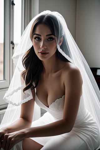  a semi naked woman in a wedding veil sitting on a chair, next to a window, London, simple white veil, white transparent veil, lace veil, tulle and lace, wearing translucent veils, naked, wearing a veil, nostalgic, beautiful wedding veil, beautiful woman in an empty room, white veil, pov suze randall, boudoir photography , translucent light,Ptcard,<lora:659111690174031528:1.0>