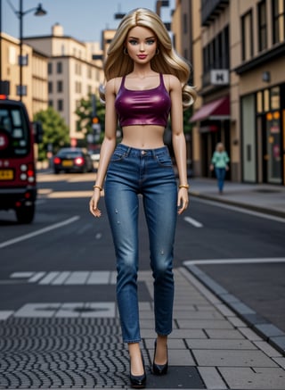 (Best quality, 8k, 32k, Masterpiece, UHD:1.2), barbie doll with blonde hair, makeup, plastic doll, detailed plastic body, wearing a top, jeans, high heels, in a street, hyper-realistic cg, unreal engine, DollMe,<lora:659111690174031528:1.0>