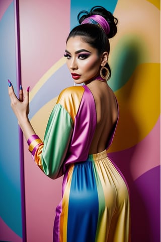 a person standing in front of a rainbow wall wearing rainbow clothes, pride month,lgbt art, lgbt flag, pride flag in background, vogue full color editorial photo, fresh rainbow jumpsuit rainbow background, rainbow colors, rainbow stripe backdrop, colorful fashion, lgbtq, colorful dress, rainbow colored, pride parade, inspired by judy cassab, tehnicolor, inspired by pearl frush, inspired by victoria francés, sharp detailed eyes, inspired by pia fries, inspired by olivia de berardinis, fishnets, inspired by kim tschang yeul, inspired by carla wyzgala, gorgeous androgynous face, chin , pride parade background,(MakeMeUp),<lora:659111690174031528:1.0>