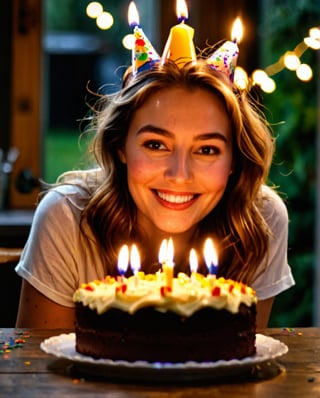 (Best quality, 8k, 32k, Masterpiece, UHD:1.2), A young woman wearing a festive birthday hat and a white t-shirt, looks at a birthday cake with lit candles in front of her with a joyful expression, her eyes sparkling with excitement. She is surrounded by a dark background with subtle hints of confetti, creating a sense of celebration and anticipation. The warm glow of the candles illuminates her face, highlighting her joy and happiness.

[Photorealistic portrait, capturing the essence of a birthday celebration, reminiscent of the works of Annie Leibovitz], [shallow depth of field, focusing on the woman's face and the candles, with a dark and moody background, soft lighting, warm tones, and a touch of bokeh],(PnMakeEnh),Pnngrt