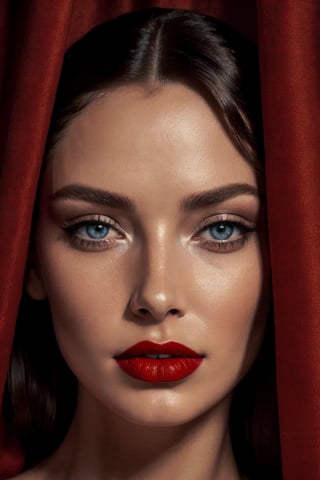 (Best quality, 8k, 32k, Masterpiece, UHD:1.2),  woman with blue eyes is ((hiding behind a red curtain))(many curtains), fine art fashion photography, by William Berra, award winning fashion photo, best of behance, fashion color studio, ranking, artgem and Patrick DeMarchelierm Warwick Saint, lighting, (film still from movie Dune-2021), photograph by Albert Watson, cinematic lighting photography, and attractive features, eyes, eyelid,  focus, depth of field, film grain, ray tracing, ((contrast lipstick)), slim model, detailed natural real skin texture, visible skin pores, anatomically correct,(PnMakeEnh)