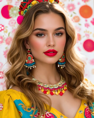 (Best quality, 8k, 32k, Masterpiece, UHD:1.2), A young blonde swedish woman wearing a colorful ornaments at hair and a traditional Mexican dress. wearing colorful fruits as ornaments,   The background is a light pink. eyes contact, focus, depth of field, film grain, ray tracing, ((contrast lipstick)), detailed natural real skin texture, perfect curly dark blonde hair, visible skin pores, anatomically correct,(PnMakeEnh)
