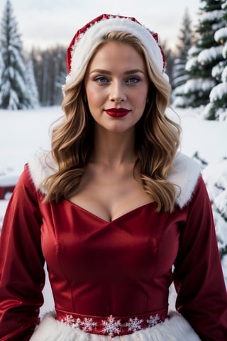 midshot up of MrsClaus, lipstick, joy, blonde, blue eyes, wearing a gorgeous MrsClaus red gown outfit, white fur, north pole background, snow, christmas, snowflakes 