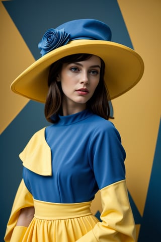 (Best quality, 8k, 32k, Masterpiece, UHD:1.2),   a woman in a yellow and blue dress and hat, fine art fashion photography, saturated colours,  fine art fashion magazine style, , primary colours, sci-fi fashion model, DreamOn,<lora:659111690174031528:1.0>