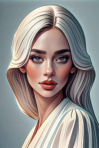 A serene blonde-haired woman sits elegantly against a soft, gradient blue background, her piercing gaze and gentle smile captivating in this stunning digital portrait. Brushstrokes reminiscent of Bowater's style sweep across the canvas, capturing every delicate detail from the wisps of hair framing her face to the subtle curves of her neck. The artistry is so realistic it appears as though she might step out of the frame at any moment. Ptcard,<lora:659111690174031528:1.0>
