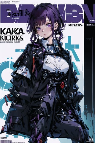 looking_at_viewer, three monitors, hightech pc open jacket,one hand on the cheek pose,urban techwear, Defaults17Style, 1girl, jewelry, solo BREAK ((magazine cover), english text:1.3), kafka, purple hair,Kafka(hsr)