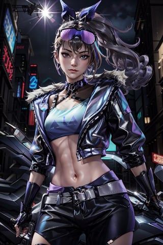 masterpiece, best quality, highres, , akali, 1girl, k/da \(league of legends\), solo, (black hair:1.1), blonde hair, (multicolored hair:1.1), jewelry, fingerless gloves, cropped jacket, midriff, earrings, two-tone hair, open jacket, black gloves, black pants, crop top, blue eyes, belt buckle, cowboy shot, beautiful face, city background , awesome pose,SilverWolfV5, glasses, motorbike