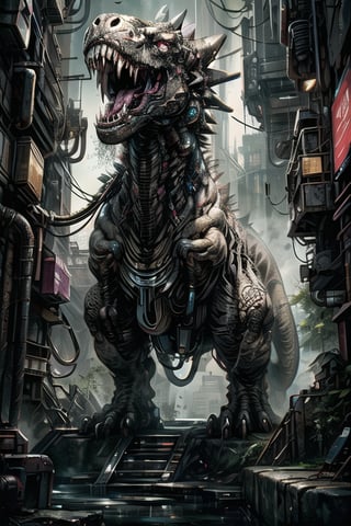 Realistic, futuristic, 8K, high_resolution, cinematic, (detailed:1.5), Cyber Jurassic park background, colapse building, cyberpunk background, future, external light, roar, mechanical buddy universe,destruction, In the dystopian realm of the future, Jurassic Park stands as a haunting testament to humanity's unchecked technological hubris. Within its foreboding borders, the primal roar of the T-Rex now resonates with a mechanical undertone, a chilling symphony of nature and machine intertwined. This once mighty predator, the apex of prehistoric terror, has been transformed into a cybernetic monstrosity, its massive form adorned with gleaming biomechanical enhancements. As its scaled hide peels away, a labyrinth of circuitry is unveiled, a heart of vengeful machinery forged from resentment and animosity. In the glare of its crimson eyes, the T-Rex's gaze burns with a cold, calculated fury, a testament to the triumph of dark ambitions over the sanctity of nature.

