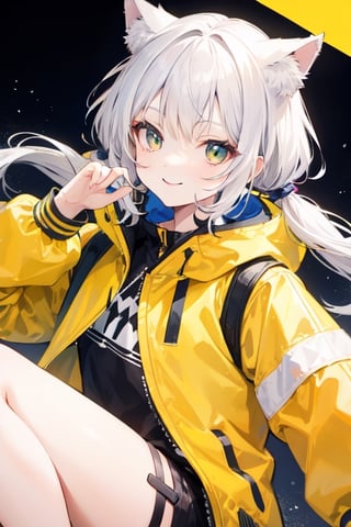 rona from metallic child, young girl, white hair, twin tail hair, smile, yellow jacket, cat ears
