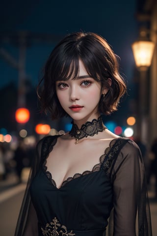 masterpiece, best quality, raw photo, 1girl, short hair, bright grey eyes, detailed eyes and face, half body,  cinematic lighting, brim lighting, (dark, night, streets, lamps, blurred background), bokeh, deep shadow, low key, ( exquisite clothing, filigree)